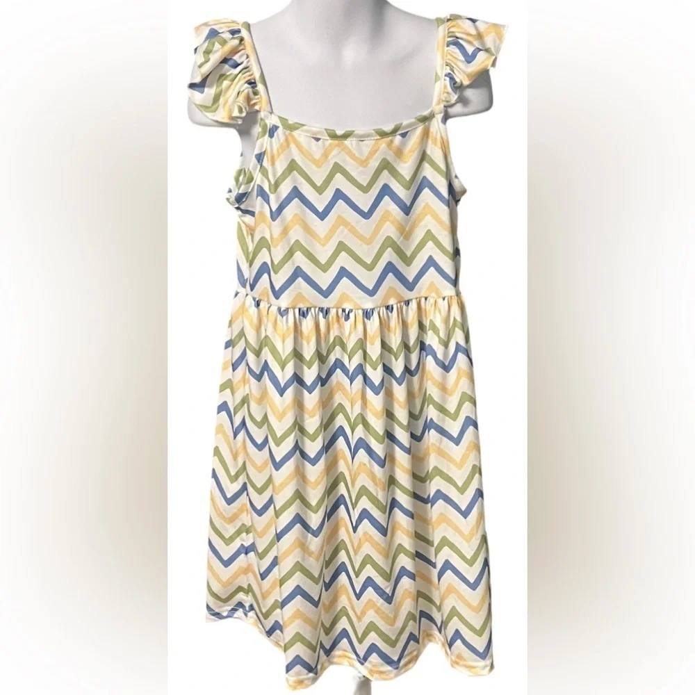 Chevron Patterned Blue White Green and Yellow Ruffle Tank Dress NWOT Boutique
